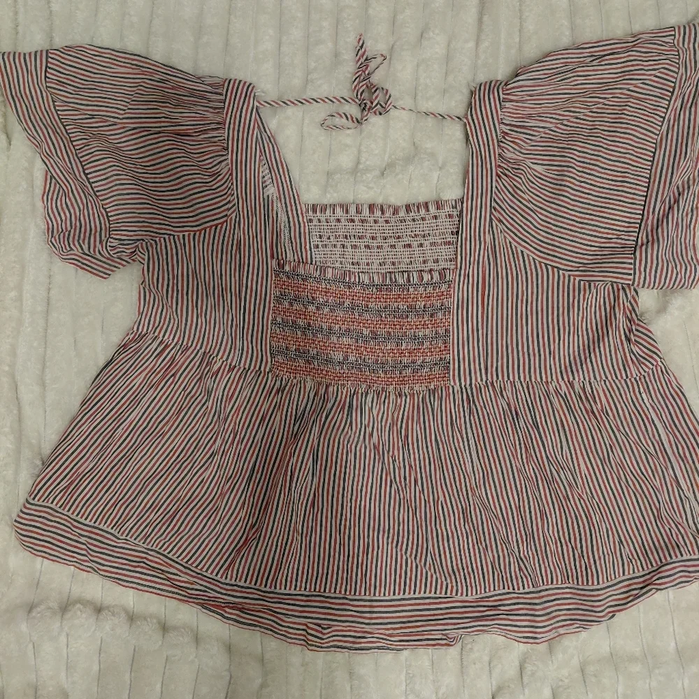 Linen Patriotic Flutter Sleeve Striped Smocked Babydoll Blouse - Picture 3 of 6